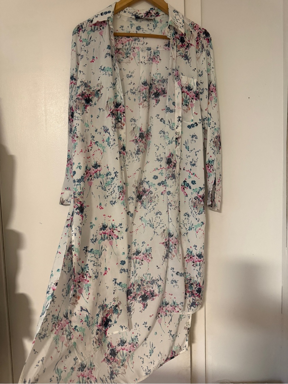 Zara Cream Asymmetrical Floral Dress with Pink & Teal Print